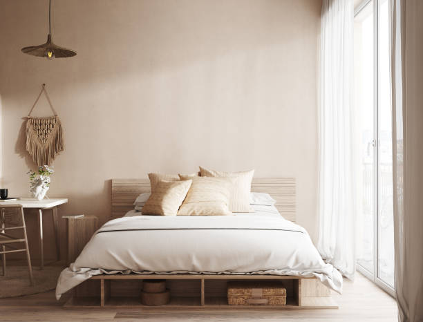 istock Home mockup, Coastal boho style bedroom interior background 1457355561