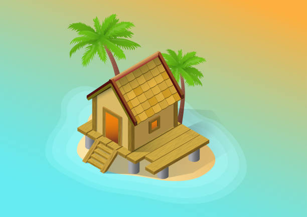 istock Illustration of an island with a wooden house 1457355969