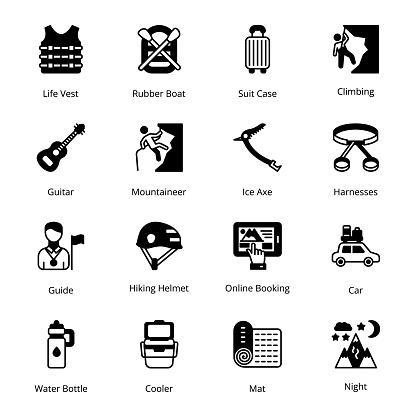 Online Booking, Car, Life Vest, Rubber Boat, Suit Case, Climbing, Guide, Hiking Helmet, Water Bottle, Cooler, Mat, Night, Guitar, Mountaineer, Ice Axe, Harnesses,  Glyph Icons - Solid, Vectors