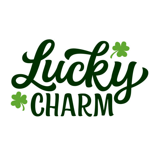 Lucky charm. Patricks day hand lettering Lucky charm. Hand lettering funny quote with clover leaves isolated on white background. Vector typography for Patrick's day decorations, posters, banners, cards, t shirts good luck stock illustrations