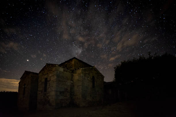 Santa Lucia del Trampal Night landscape with the Visigothic Basilica of Santa Lucia del Trampal. Acuescar. Spain. mozarabic stock pictures, royalty-free photos & images