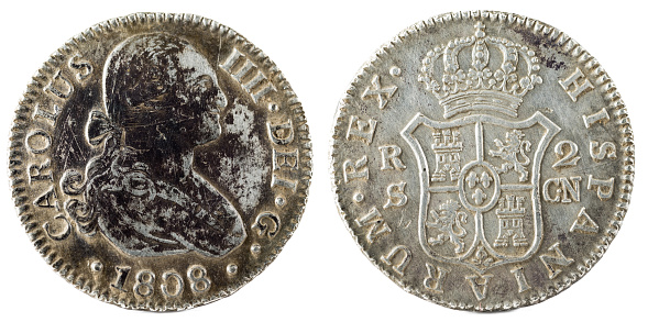 Ancient Spanish silver coin of the King Carlos IV. 1808. Coined in Sevilla. 2 reales.