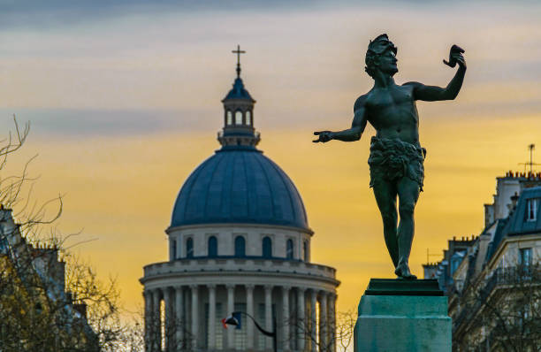 Winter afternoon urban scene faun sculpture and pantheon monument, paris, france