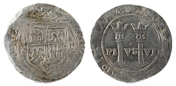 Ancient Spanish silver coin of the Kings Juana and Carlos. Coined in Mexico. Real.