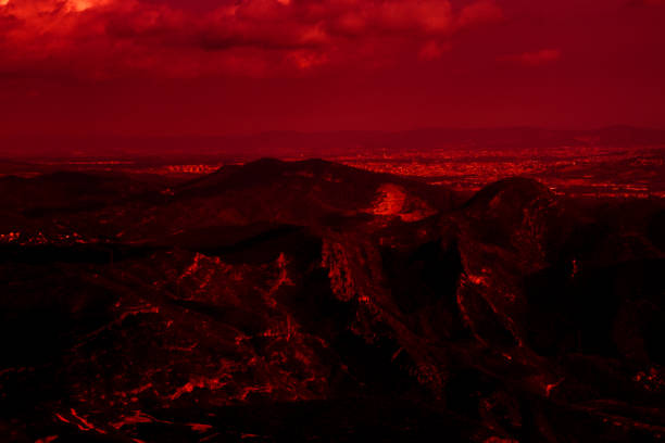 Fiery red sky. Blood clouds. Horror. Background, banner. Horror, explosion, disaster.