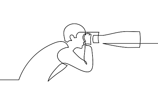 Side view of man looking through binoculars. Continuous line art drawing style. Tower viewer. Black linear design isolated on white background. Vector illustration