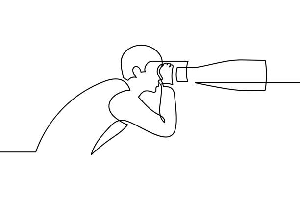 Man looking through binoculars Side view of man looking through binoculars. Continuous line art drawing style. Tower viewer. Black linear design isolated on white background. Vector illustration binoculars point of view stock illustrations