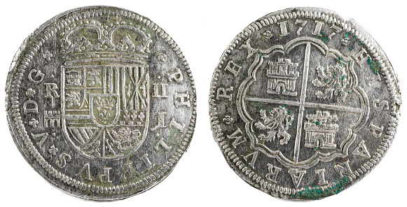 Ancient Spanish silver coin of the King Felipe V. 1717. Coined in Segovia. 2 reales.