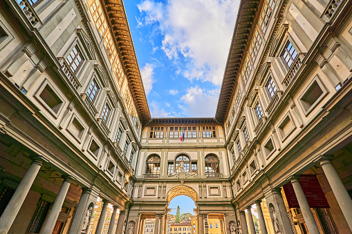 Florence, Italy - Seeptember 07, 2022: Courtyard of the Uffizi Gallery in Florence.