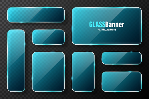 Realistic glass frames collection. Blue transparent glass banners with flares and highlights. Glossy acrylic plate, element with light reflection and place for text. Vector illustration.