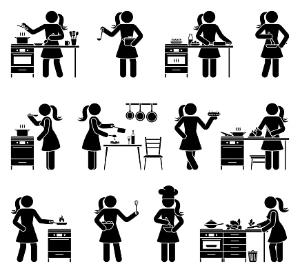 Stick figure woman cooking home kitchen vector illustration set. Female person preparing breakfast, lunch, dinner icon silhouette pictogram