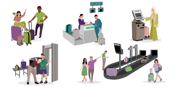 ilustrações, clipart, desenhos animados e ícones de conjunto de cenas com pessoas no aeroporto internacional - security security system security staff control