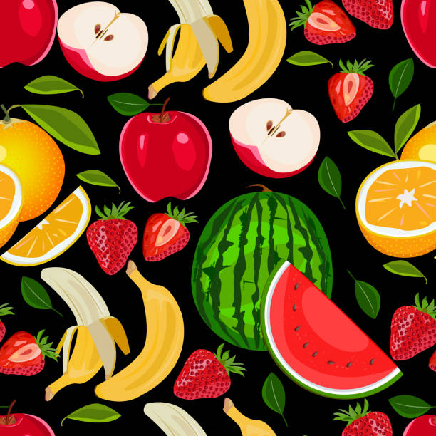 ilustraciones, imágenes clip art, dibujos animados e iconos de stock de patrón sin costuras de frutas mixtas - backgrounds banana berry fruit blended drink