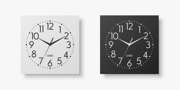 Vector 3d Realistic White, Black Square Wall Office Clock Set, Design Template Isolated on White. Dial with Roman Numerals. Mock-up of Wall Clock for Branding and Advertise Isolated. Clock Face Design Vector 3d Realistic White, Black Square Wall Office Clock Set, Design Template Isolated on White. Dial with Roman Numerals. Mock-up of Wall Clock for Branding and Advertise Isolated. Clock Face Design. clock wall clock face clock hand stock illustrations