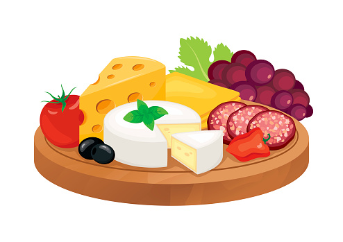 Delicatessen on a wooden cutting board icon vector. Various types of cheese and salami drawing