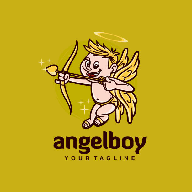kleiner engel maskottchen charakter vektor grafik emblem design - humor inspiration angel child stock-grafiken, -clipart, -cartoons und -symbole