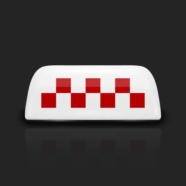 Vector illustration of Vector 3d Realistic Taxi Car Roof Sign Icon Closeup Isolated on Black with Reflection. White and Red French Taxi Sign, Design Template for Taxi Service, Mockup. Front View
