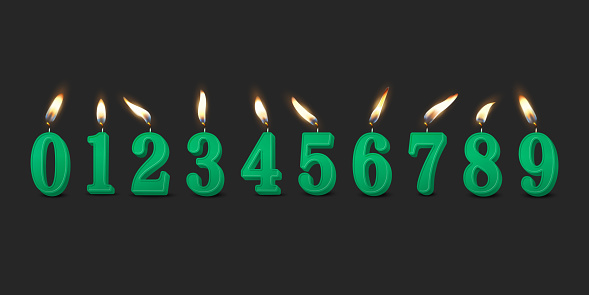 Vector 3d Realistic Paraffin or Wax Burning Green Birthday Party Candles, Numbers and Different Flame of a Candle Icon Set Isolated. Design Template, Clipart, Birthday Concept. Front View.