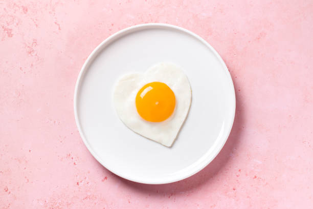 istock Fried egg in heart shape on white plate, romantic food concept, pink background 1457373859