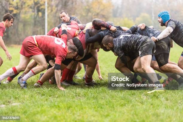 Rugby Teams Performing Scrum Stock Photo - Download Image Now - Rugby - Sport, Scrum - Sport, Rugby Union