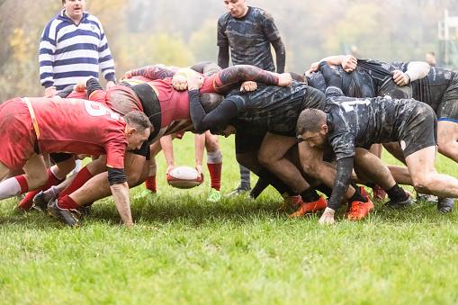 Rugby teams performing scrum on match
