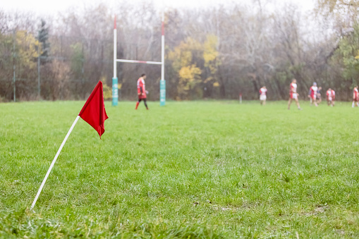 Old leather soccer ball on green grass with copy space, football sport concept