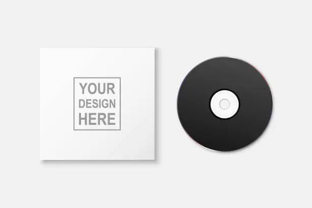 Vector illustration of Vector 3d Realistic Black CD, DVD with Paper Cover, Envelope, Case Isolated. CD Box, Packaging Design Template for Mockup. Compact Disk Icon, Top View