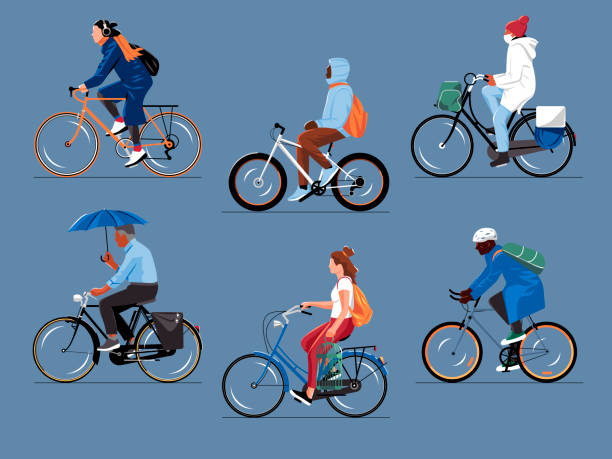 Cyclists Illustration of various people cycling. Group of people with different ages, ethnicities, styles riding bicycles. cycle racing stock illustrations