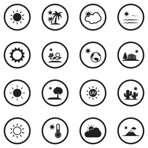 Vector illustration of Sun Icons. Black Flat Design In Circle. Vector Illustration.