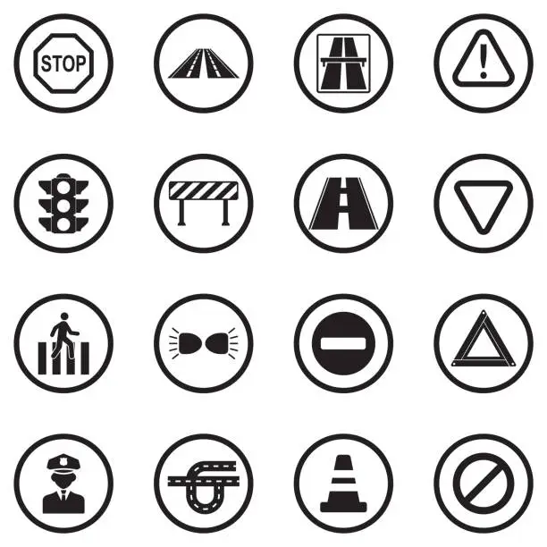 Vector illustration of Traffic Rules Icons. Black Flat Design In Circle. Vector Illustration.