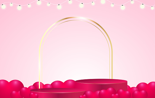 Vector pink podium with a golden arch, garlands, hearts, pink background. Holiday card, Valentine's Day, Mother's Day, March 8, wedding. Pink podiums on a beautiful background for advertising