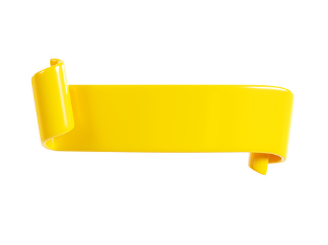 Ribbon text banner 3d render - yellow glossy rolled double tape for sale or promotion message. Title box for discount or congratulation concept. Empty curled headline label or strip.