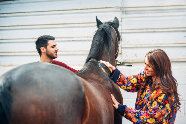 Wedding couple with a horse