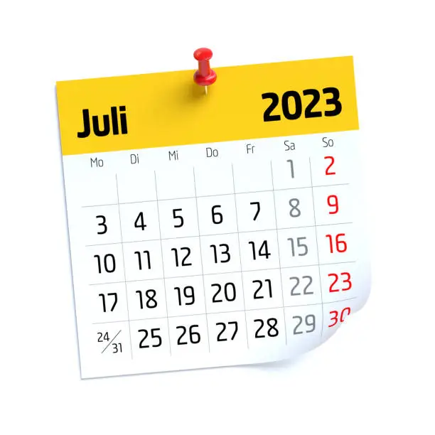 Photo of July Calendar 2023 in German Language. Isolated on White Background. 3D Illustration