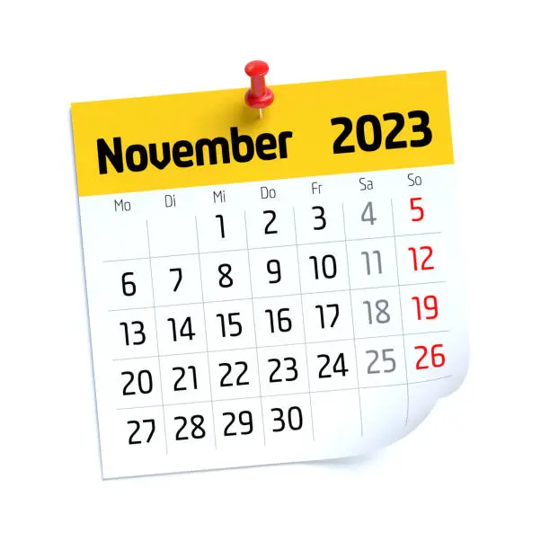 Photo of November Calendar 2023 in German Language. Isolated on White Background. 3D Illustration