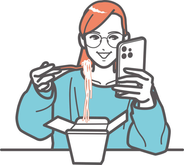 bildbanksillustrationer, clip art samt tecknat material och ikoner med a girl with glasses looking at her phone while eating pasta from a takeout box. - illustrationer med överkroppsbild