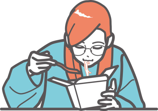 bildbanksillustrationer, clip art samt tecknat material och ikoner med a girl with glasses eating pasta from a takeout box. - illustrationer med överkroppsbild