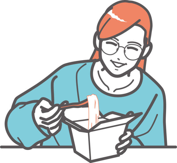 bildbanksillustrationer, clip art samt tecknat material och ikoner med a girl with glasses eating pasta from a takeout box - illustrationer med överkroppsbild