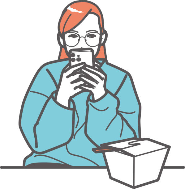 bildbanksillustrationer, clip art samt tecknat material och ikoner med a girl with glasses looks at her phone after finishing her pasta from the takeout box. - illustrationer med överkroppsbild