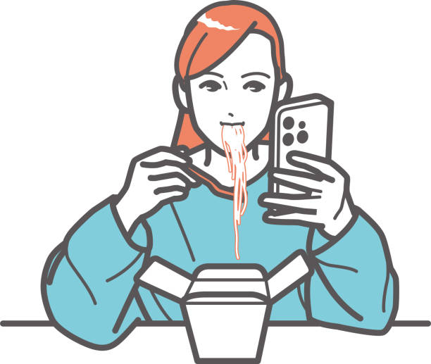 bildbanksillustrationer, clip art samt tecknat material och ikoner med a woman looks at her phone while eating pasta from a takeout box. - illustrationer med överkroppsbild