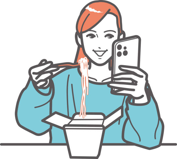 bildbanksillustrationer, clip art samt tecknat material och ikoner med a woman looks at her phone while eating pasta from a takeout box. - illustrationer med överkroppsbild