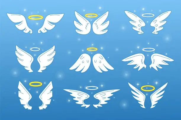 Vector illustration of Angel wings, cute halo rings. Love bird nimbus, heaven jesus effulgence, white holiday signs. Cartoon flat elements isolated on blue background. Vector cartoon recent illustration