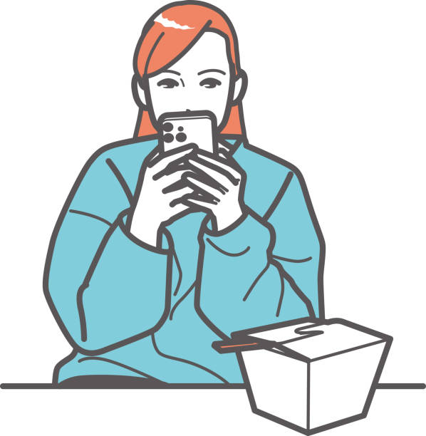 bildbanksillustrationer, clip art samt tecknat material och ikoner med a woman looks at her phone after finishing her pasta from the takeout box. - illustrationer med överkroppsbild