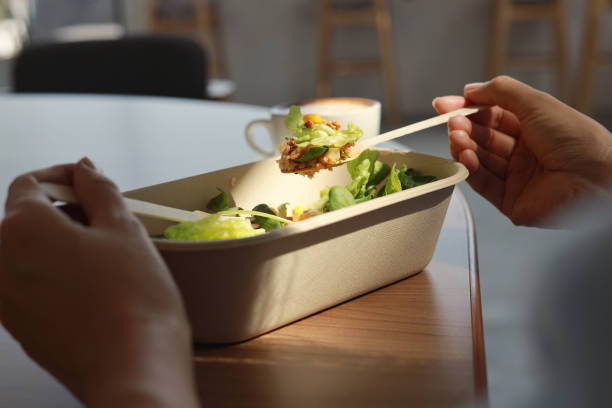 woman having a healthy vegan lunch break from delivered eco lunch boxes. delicious balanced food concept. eco zero waste tableware. food delivery - box lunch fotos imagens e fotografias de stock