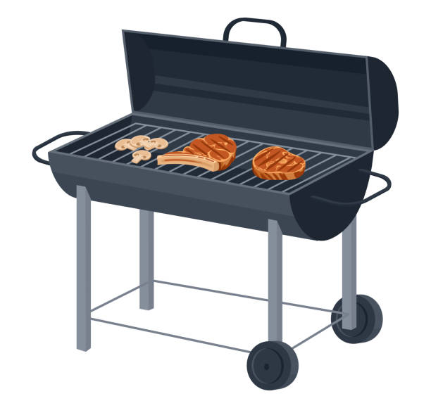 ilustrações de stock, clip art, desenhos animados e ícones de barbecue grill. cartoon bbq charcoal cookout equipment, bbq party device with cooking rack flat vector illustration on white background - grilled chicken chicken barbecue fire