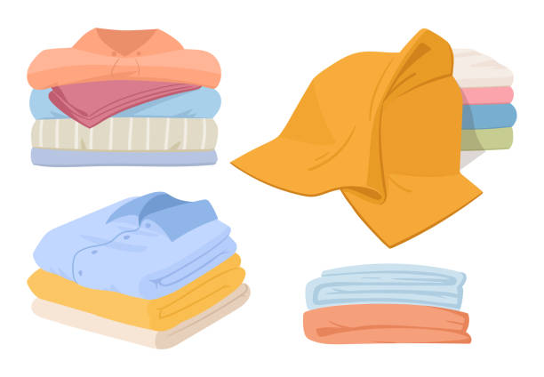 Cartoon clean clothes pile. Stacked laundry clothes, clean clothing. Laundry apparel isolated flat vector illustration set Cartoon clean clothes pile. Stacked laundry clothes, clean clothing. Laundry apparel isolated flat vector illustration set folded sweater stock illustrations