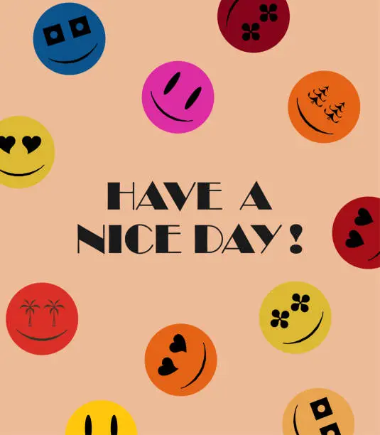 Vector illustration of Vector colors emojies sticker pack round comic faces with various emotions.have a nice day!Abstract Backgrounds Card