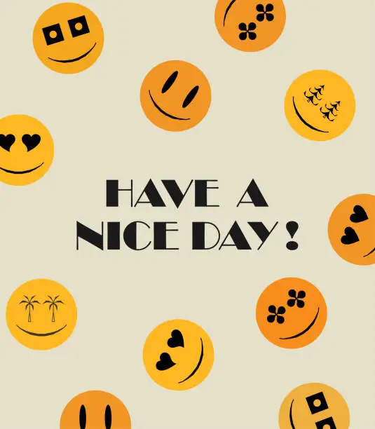 Vector illustration of Vector yellow emojies sticker pack round comic faces with various emotions.have a nice day!Abstract Backgrounds Design Card