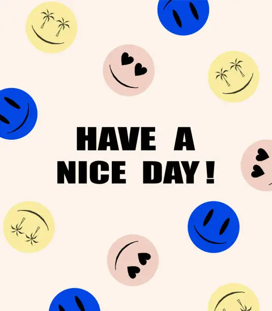 Vector illustration of Vector colors emojies sticker pack round comic faces with various emotions.have a nice day!Abstract Backgrounds Design Card