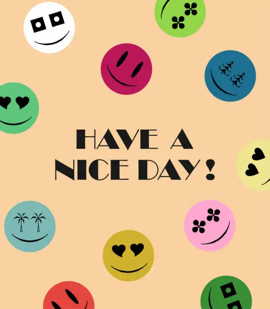 Vector illustration of Vector colors emojies sticker pack round comic faces with various emotions.have a nice day!Abstract Backgrounds Design Card